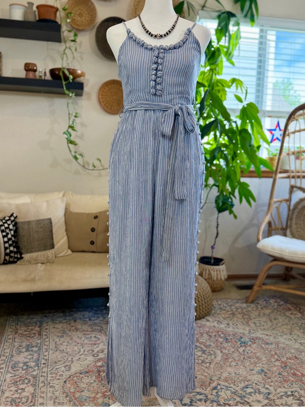 Maeve Anthropologie Romper Women’s 4 Blue/White Striped Summer Wide-Leg Jumpsuit - Picture 6 of 10